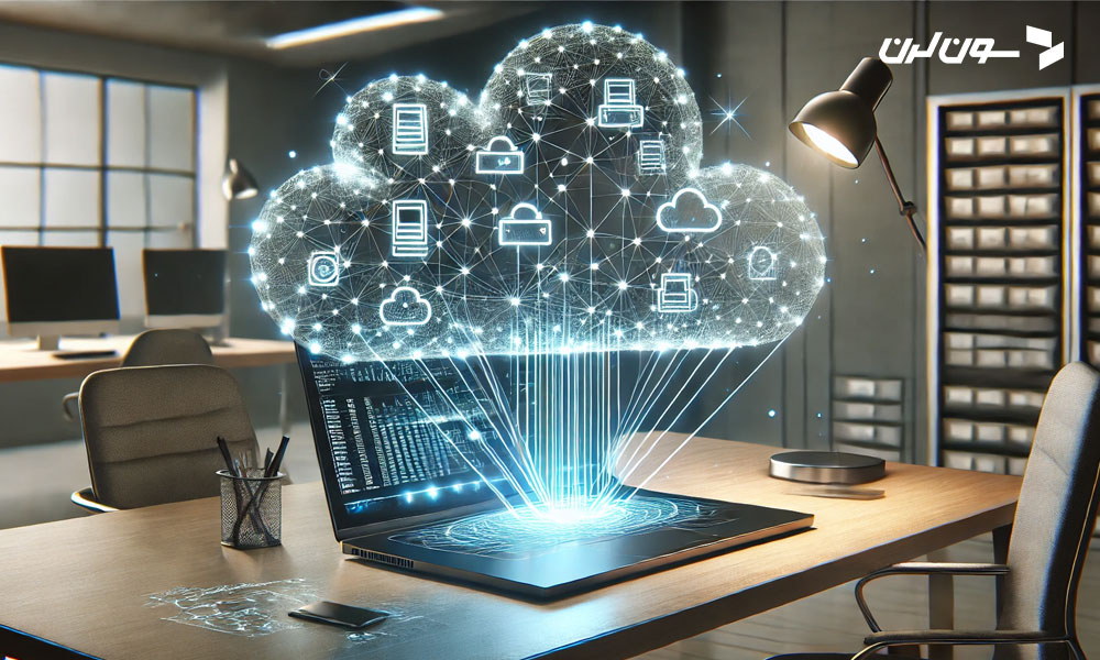 A hyper-realistic and creative image showing a cloud-shaped hologram hovering above a sleek desk, representing cloud data storage. The hologram contains glowing icons of files, databases, and graphs interconnected by thin, illuminated lines. A laptop on the desk displays a real-time dashboard analyzing data. The background is modern and minimalistic, with soft lighting and subtle tech-inspired decor. Created using: realistic textures, glowing holographic effects, modern workspace design, dynamic lighting, widescreen format --ar 16:9.