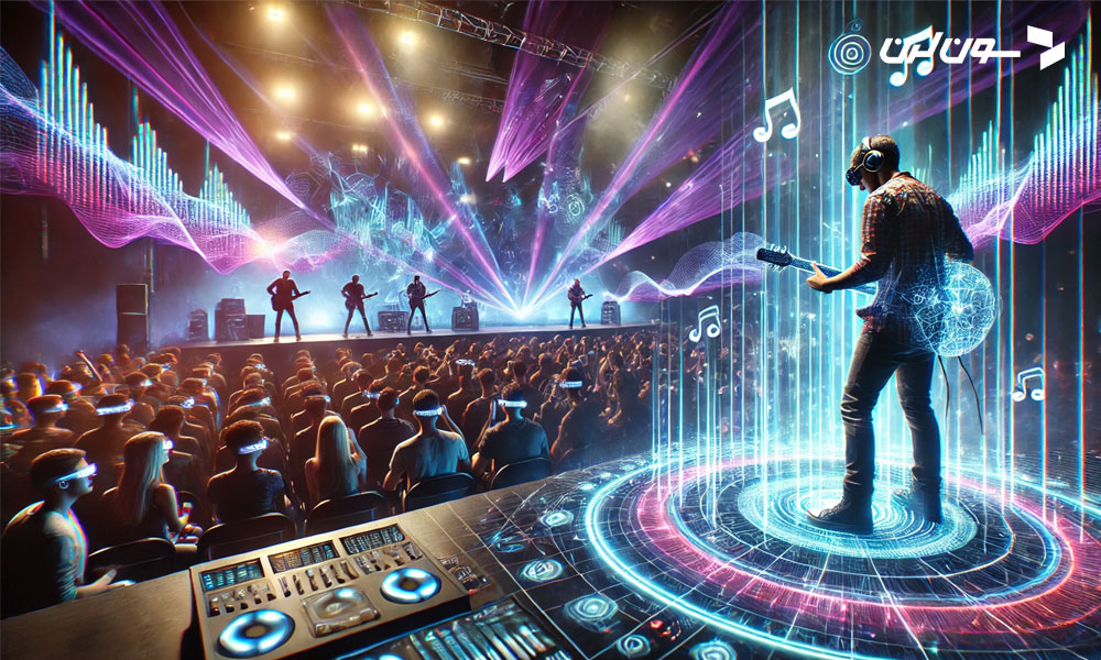A hyper-realistic image of a live concert where the performer is using augmented reality (AR) technology to enhance the experience. The musician is playing a futuristic instrument with glowing digital strings, while holographic visuals of sound waves and animated effects are projected around the stage. The audience is wearing AR glasses, experiencing an immersive show. The lighting is vibrant, with colorful beams and dynamic effects creating a futuristic atmosphere. Created using: realistic textures, vibrant AR visuals, immersive concert setting, dynamic lighting, widescreen format --ar 16:9.