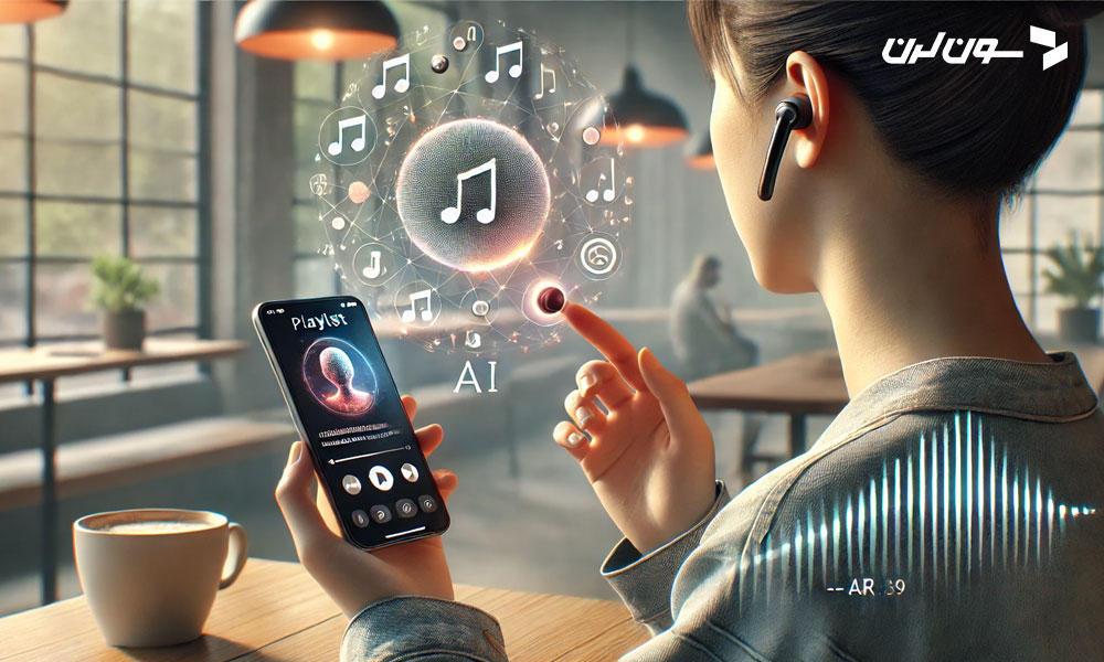 A hyper-realistic image showing a person using wireless earbuds connected to a smartphone, which displays an AI-powered music recommendation app. The app shows dynamic visualizations, such as a playlist curated by AI and real-time analysis of the listener’s mood. The background is minimalistic, with the person sitting in a modern café, enjoying a serene environment. Holographic musical notes hover around the earbuds, symbolizing the seamless integration of technology into daily music consumption. Created using: realistic textures, clean and modern composition, subtle holographic effects, natural lighting, widescreen format --ar 16:9.