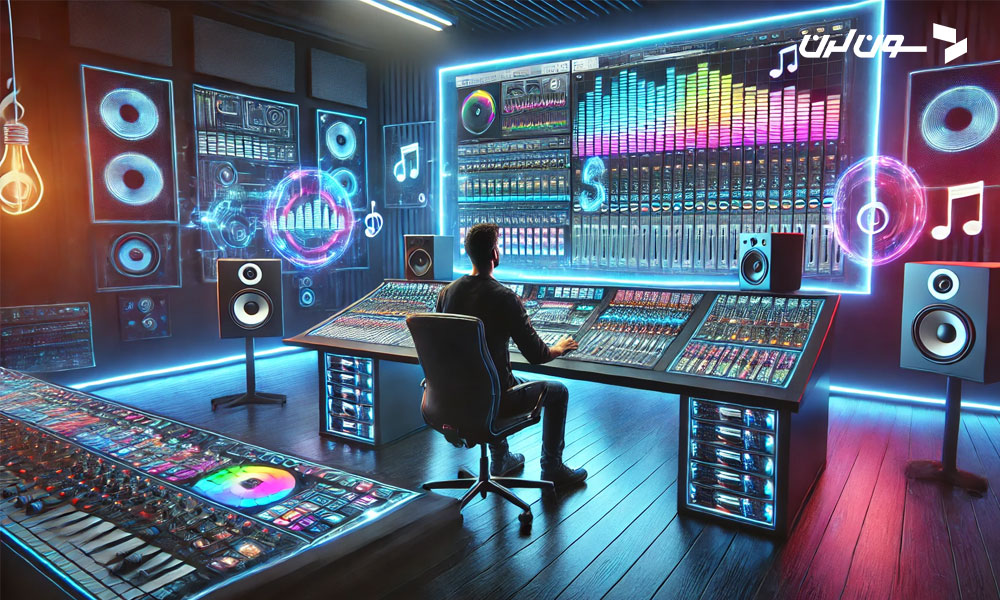 A hyper-realistic image of a modern music producer working in a high-tech studio with glowing digital interfaces. The producer is seated at a desk with a futuristic digital audio workstation (DAW) on a large curved screen, displaying colorful waveforms and mixing controls. The background includes sleek studio monitors, a keyboard, and soundproof walls. Holographic musical notes and visual effects float above the desk, symbolizing the blending of creativity and technology. The lighting is dynamic, with neon blue and purple tones, emphasizing the tech-driven environment. Created using: realistic textures, vibrant digital overlays, futuristic studio design, dynamic lighting, widescreen format --ar 16:9.