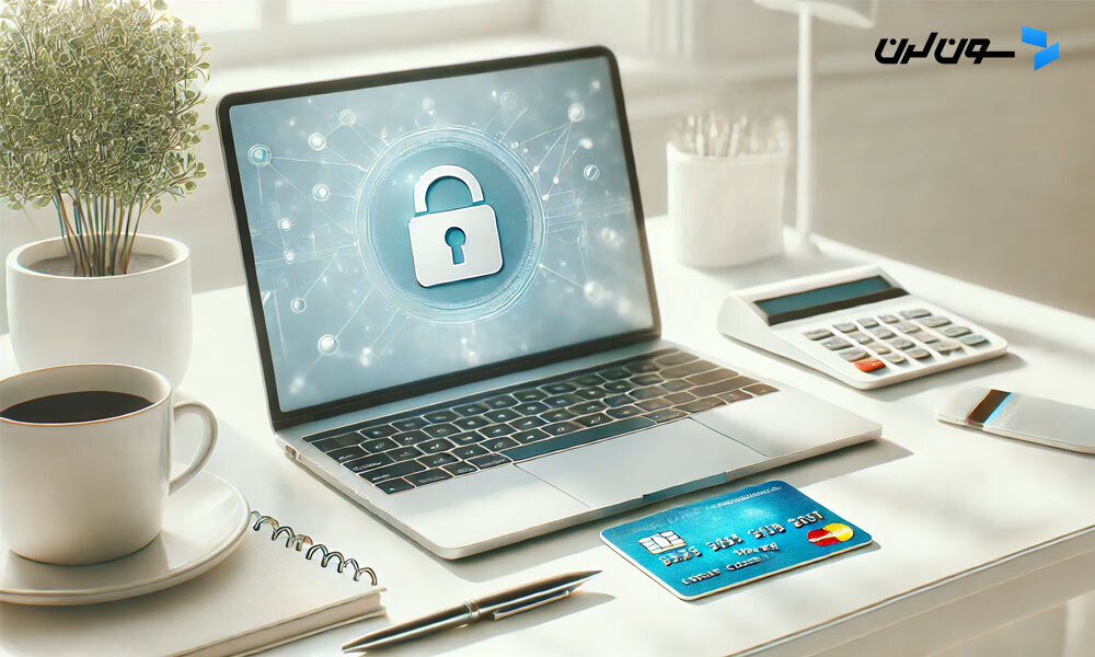 Credit card next to a laptop with a lock icon, symbolizing secure online transactions