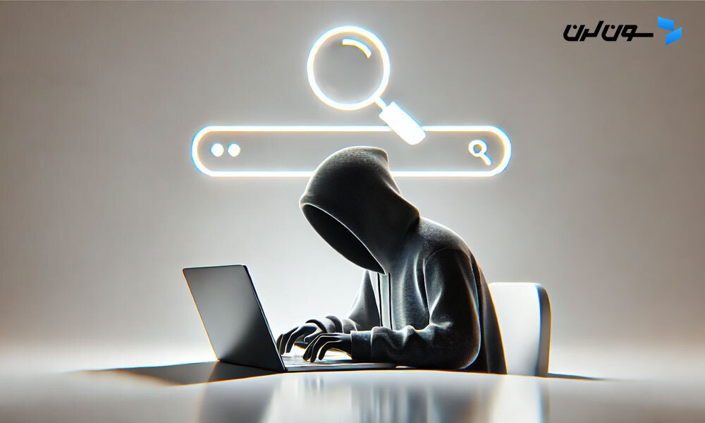 A shadowy figure using a laptop, symbolizing secrecy in Black Hat SEO.