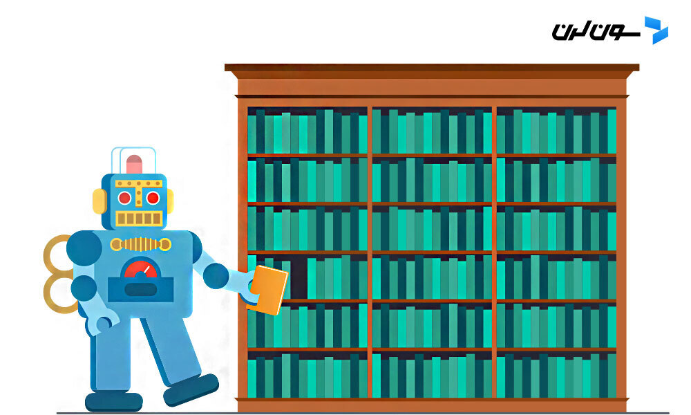 A robot storing a book in a library.