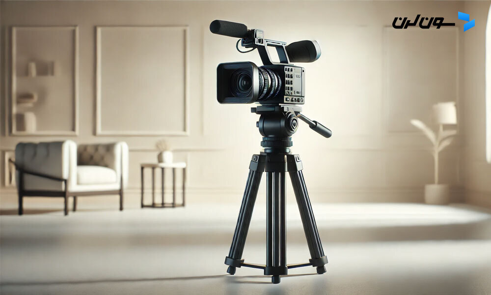 Professional video camera on a tripod in a bright, simple studio.