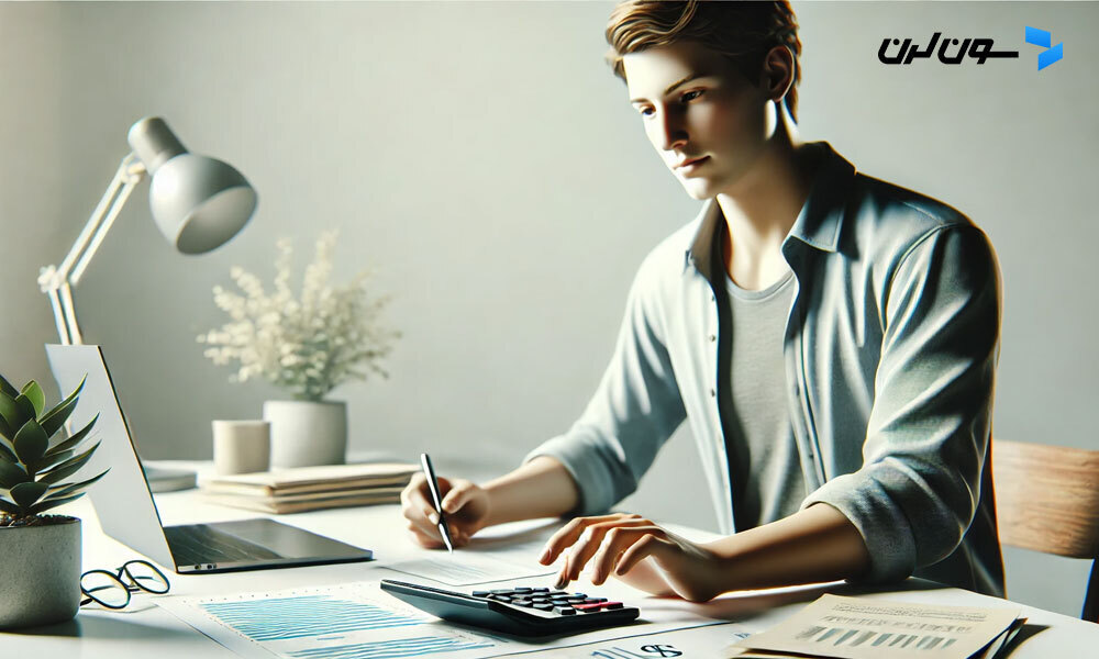 person at a desk calculating income with a calculator in a minimalistic workspace.